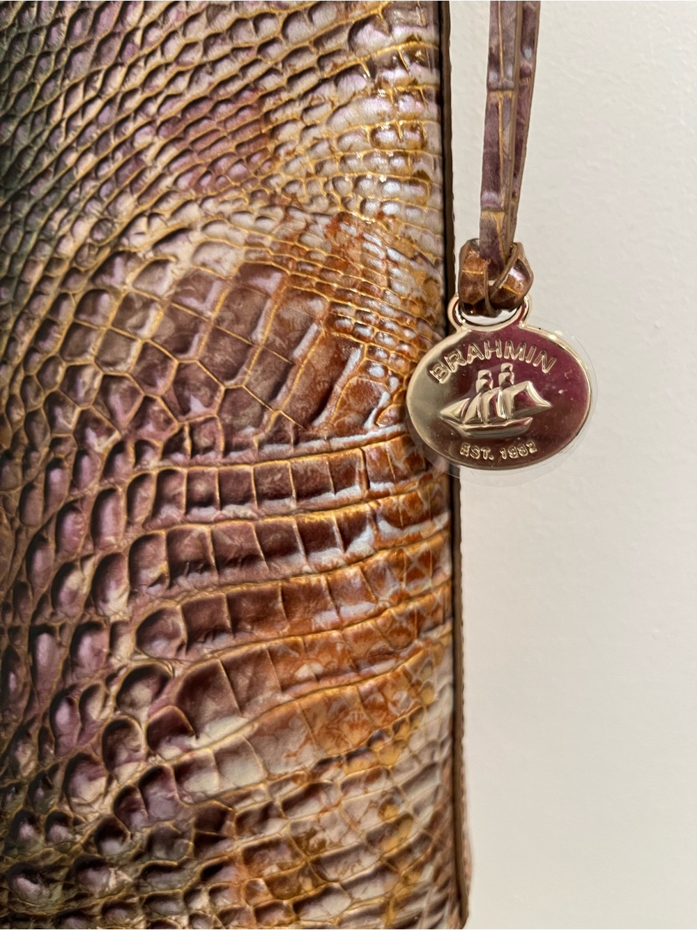 Brahmin Brown & Green Iridescent Croc-Embossed Leather Crossbody Katie‎ Bag - Picture 4 of 14